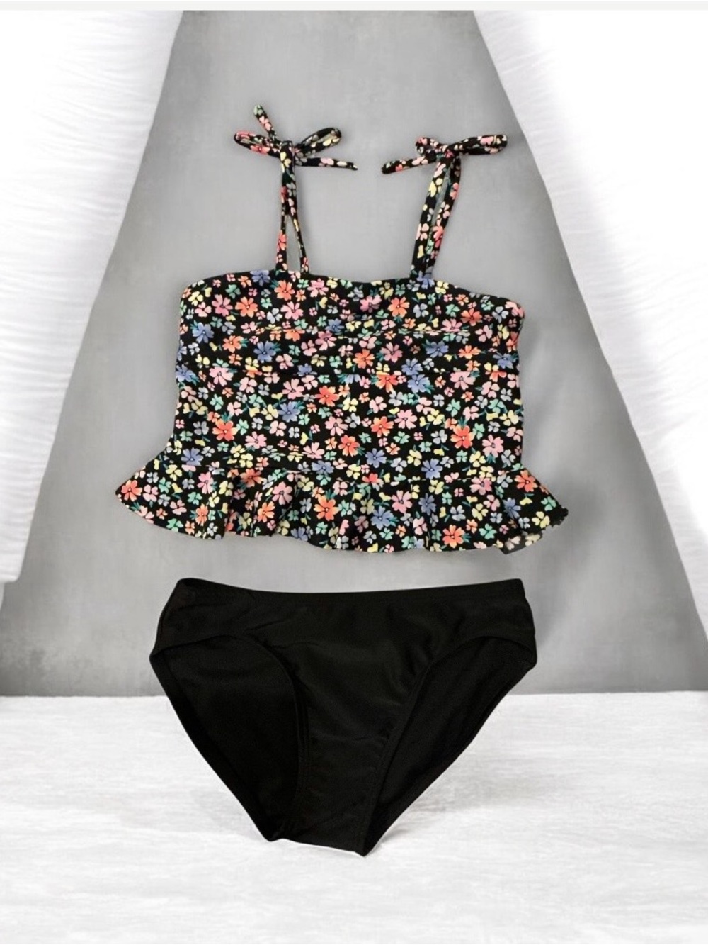 Cat & Jack Black Floral Ruffle Tankini Set